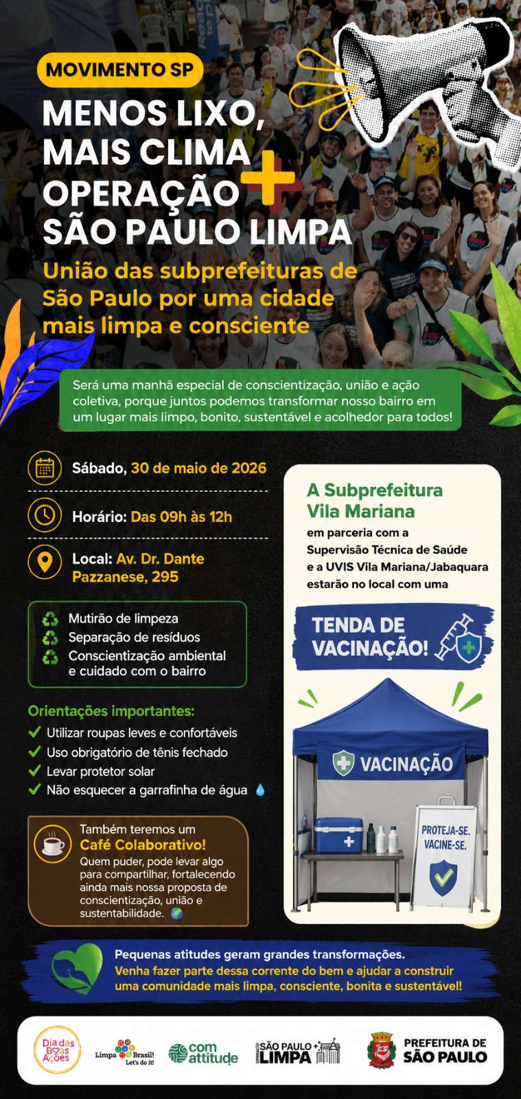 Esta imagem é um cartaz publicitário digital, predominantemente em tons de preto, verde e amarelo, que convoca a população para uma ação comunitária e ambiental na cidade de São Paulo.  No topo do cartaz, há um cabeçalho vibrante com fundo amarelo e letras maiúsculas brancas e pretas onde se lê: 