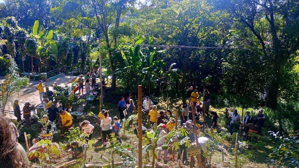 A imagem é uma fotografia colorida tirada em um dia ensolarado, mostrando uma grande ação comunitária de plantio em uma área ao ar livre com mata densa. O cenário é dominado por diversos tons de verde vibrante da vegetação exuberante, que inclui árvores altas de copas cheias e bananeiras, contrastando com as sombras escuras projetadas pela forte luz do sol. À esquerda, há uma área pavimentada em cinza-claro, com alguns degraus, onde um grupo de pessoas está reunido conversando e observando. À direita, o terreno desce em um declive irregular coberto por grama verde, folhagens secas e terra marrom, onde a maior parte das pessoas está espalhada trabalhando ativamente no solo.  Neste declive, o grande grupo formado por adultos e algumas crianças participa do plantio de mudas, que estão escoradas por várias estacas finas de madeira clara cravadas na terra. Entre a multidão, destacam-se diversas pessoas vestindo camisetas em um amarelo-forte, além de alguns indivíduos usando uniformes de trabalho marrons com faixas refletivas laranjas. Os demais voluntários vestem roupas casuais em cores variadas, chamando a atenção uma pessoa com uma blusa azul-viva bem ao centro, além de outras peças em branco, preto, vermelho e cinza. No canto inferior direito, próximo às pessoas que estão agachadas manuseando a terra escavada, há uma pequena placa retangular de madeira marrom-clara fixada no chão.