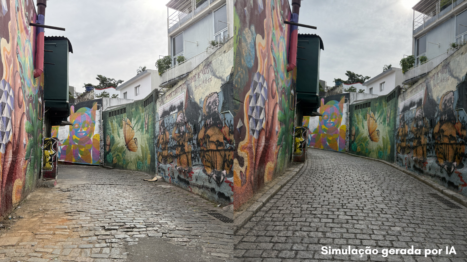 Imagem comparativa do Beco do Batman, em São Paulo, mostrando o antes e uma simulação de como ficará o local após as obras de requalificação. À esquerda, a via de paralelepípedos apresenta desgaste e irregularidades. À direita, a simulação gerada por inteligência artificial mostra a rua revitalizada, com pavimento alinhado e melhorias na infraestrutura urbana, mantendo os grafites característicos do espaço.